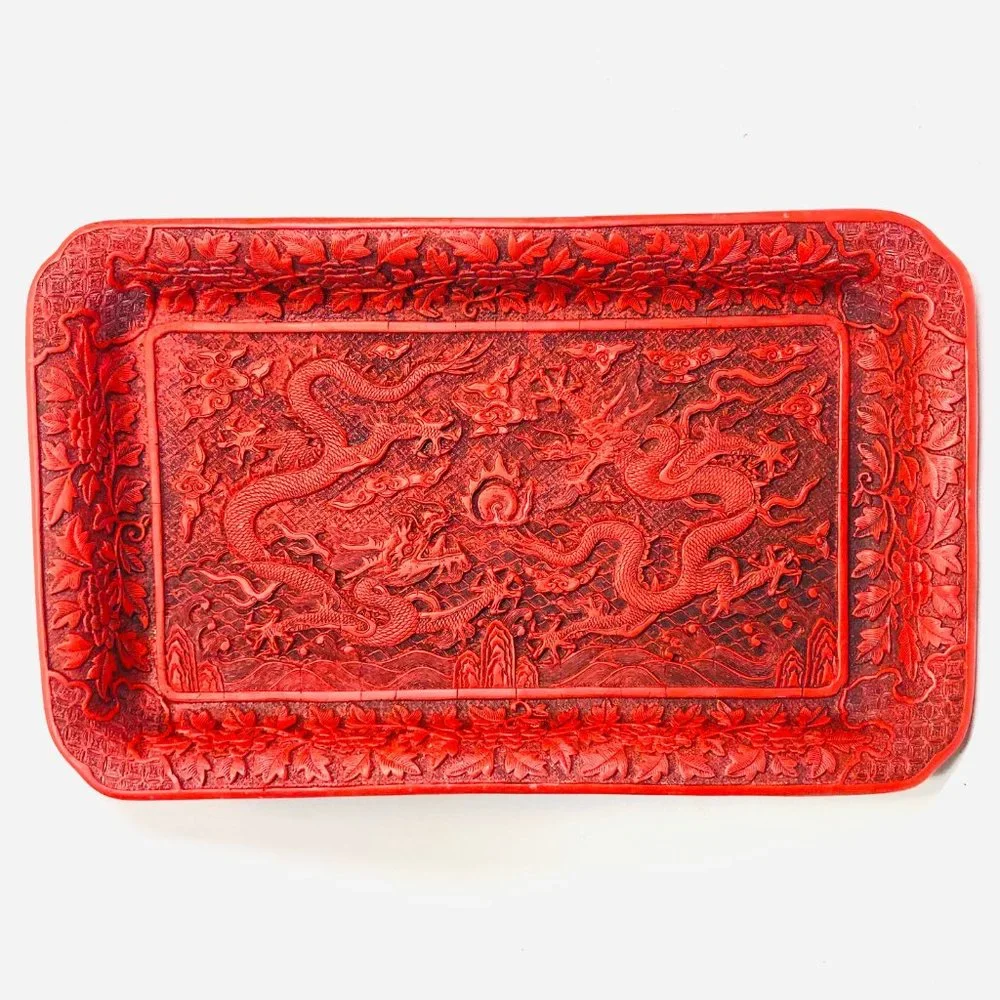 Vtg Chinese Cinnabar Style Resin Dragons Tray